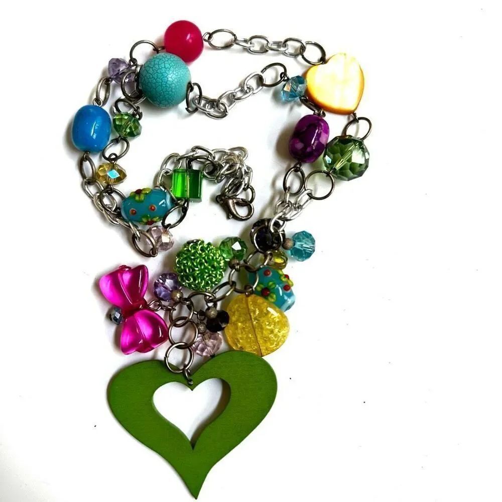 Colorful beaded heart bow charm necklace